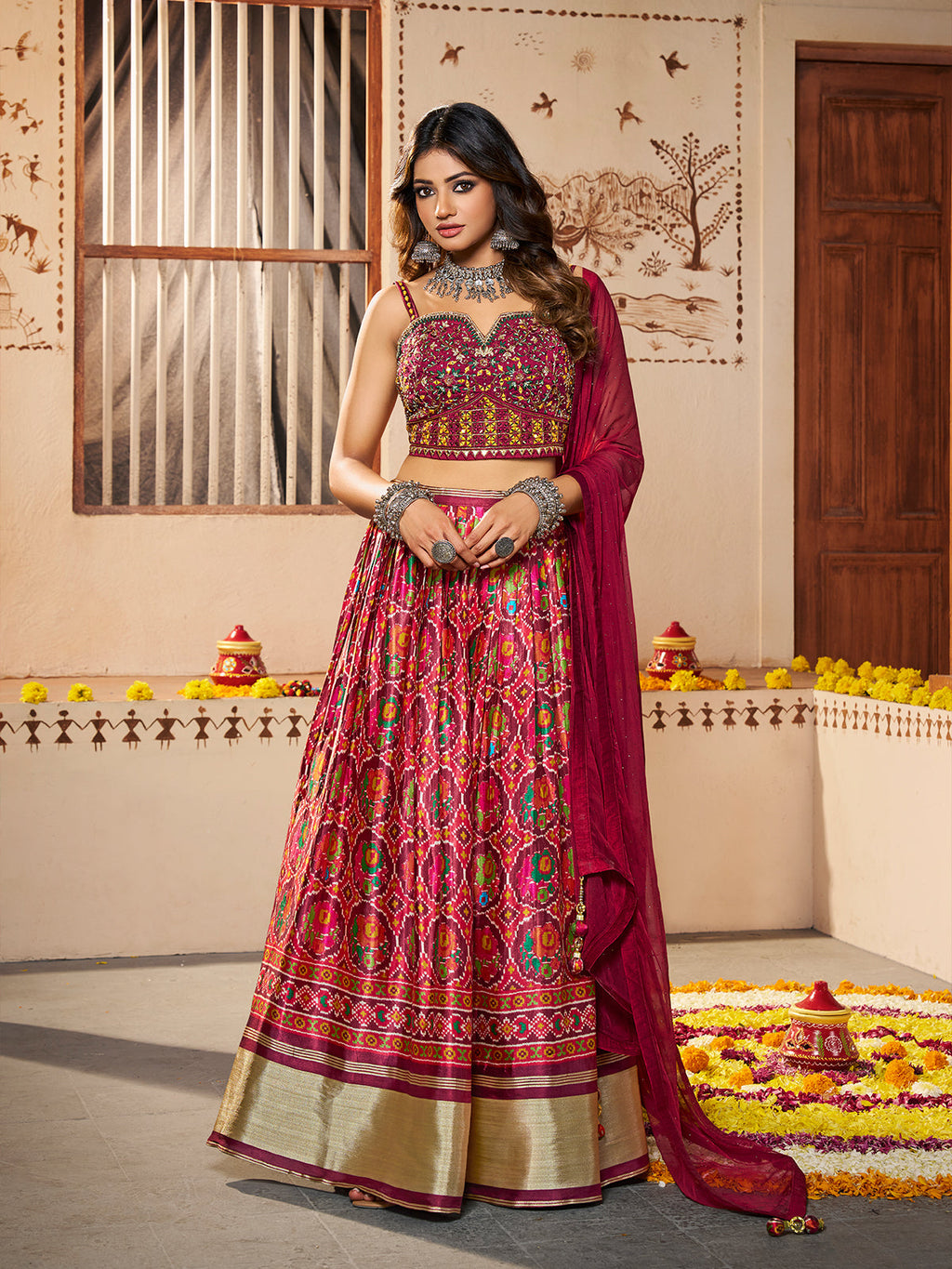 Maroon Silk Printed Semi Stitched Lehenga With Unstitched Blouse Clothsvilla