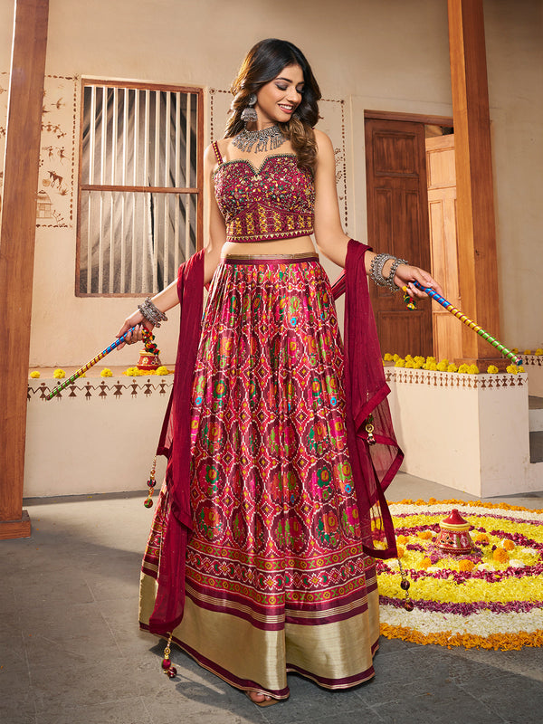 Maroon Silk Printed Semi Stitched Lehenga With Unstitched Blouse Clothsvilla