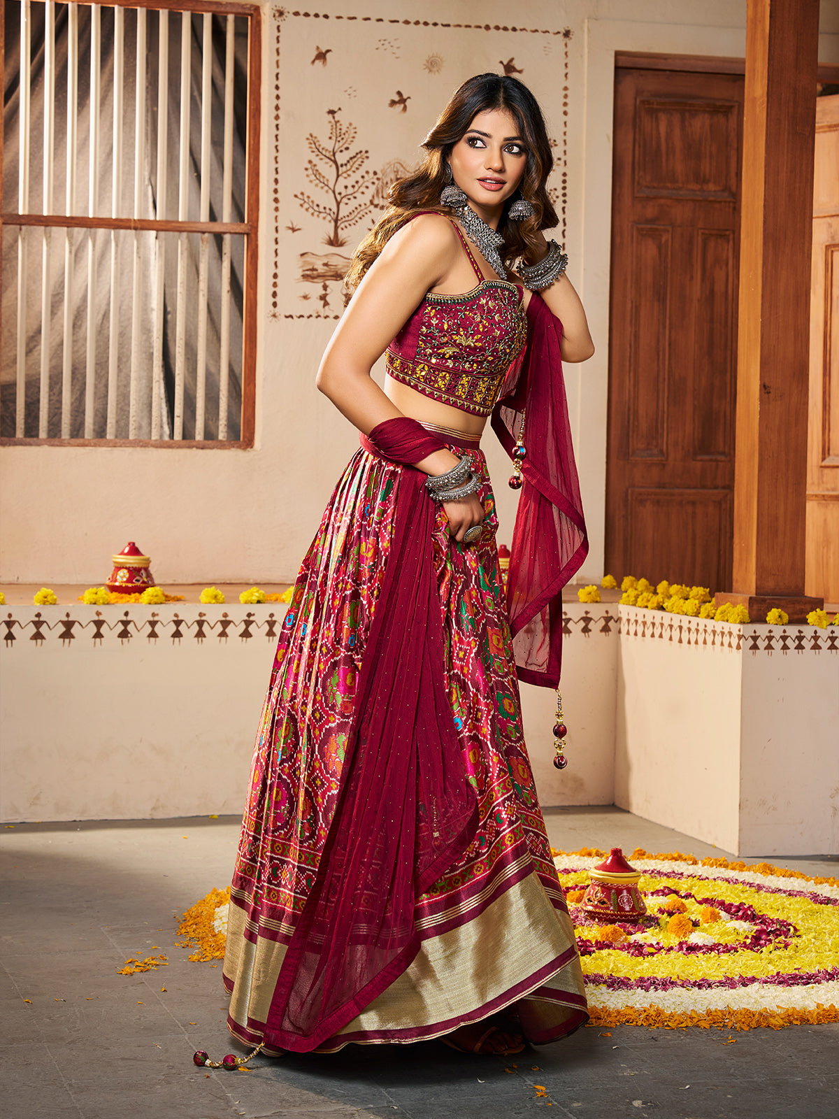 Maroon Silk Printed Semi Stitched Lehenga With Unstitched Blouse Clothsvilla