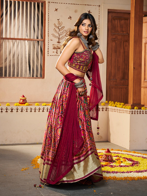 Maroon Silk Printed Semi Stitched Lehenga With Unstitched Blouse Clothsvilla