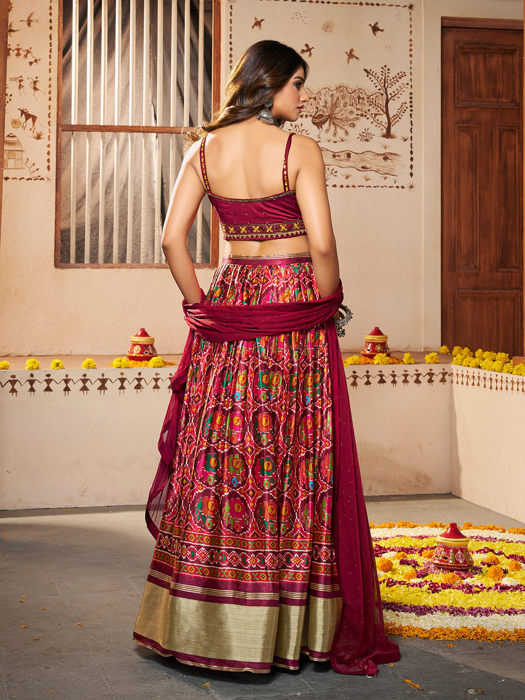 Maroon Silk Printed Semi Stitched Lehenga With Unstitched Blouse Clothsvilla