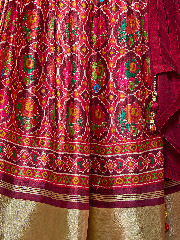Maroon Silk Printed Semi Stitched Lehenga With Unstitched Blouse Clothsvilla