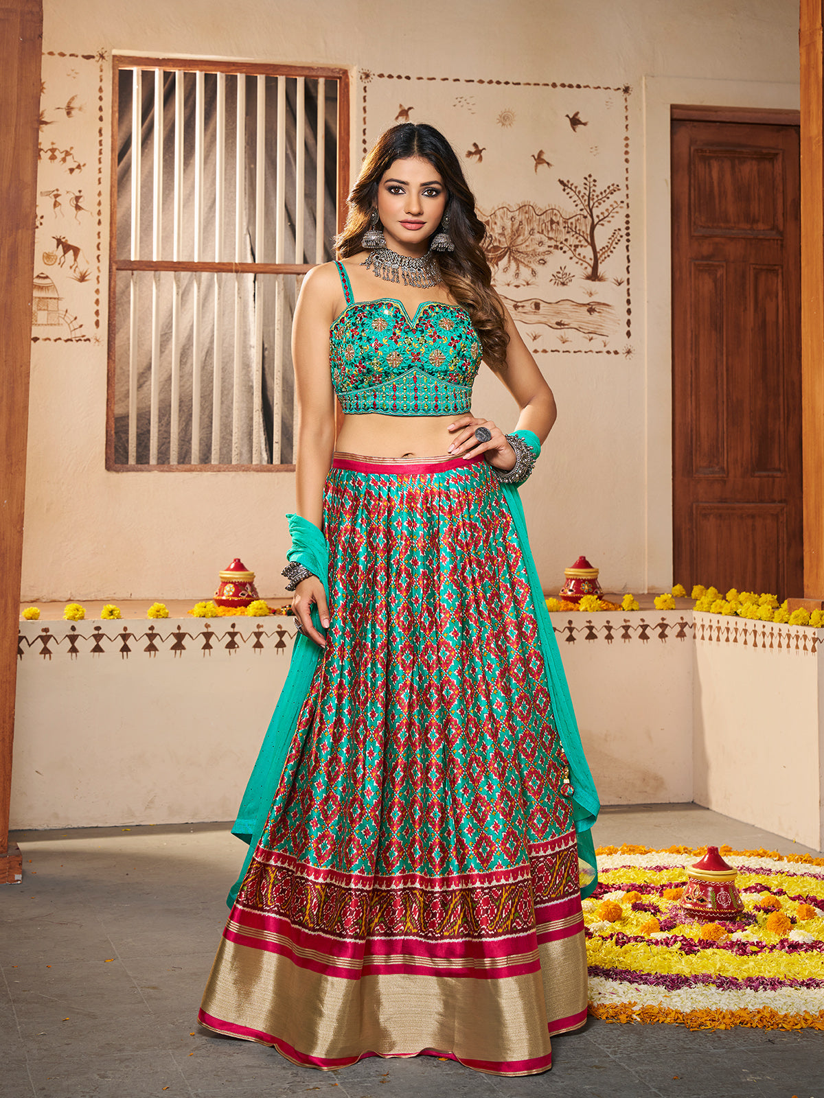 Blue Silk Printed Semi Stitched Lehenga With Unstitched Blouse Clothsvilla Main image