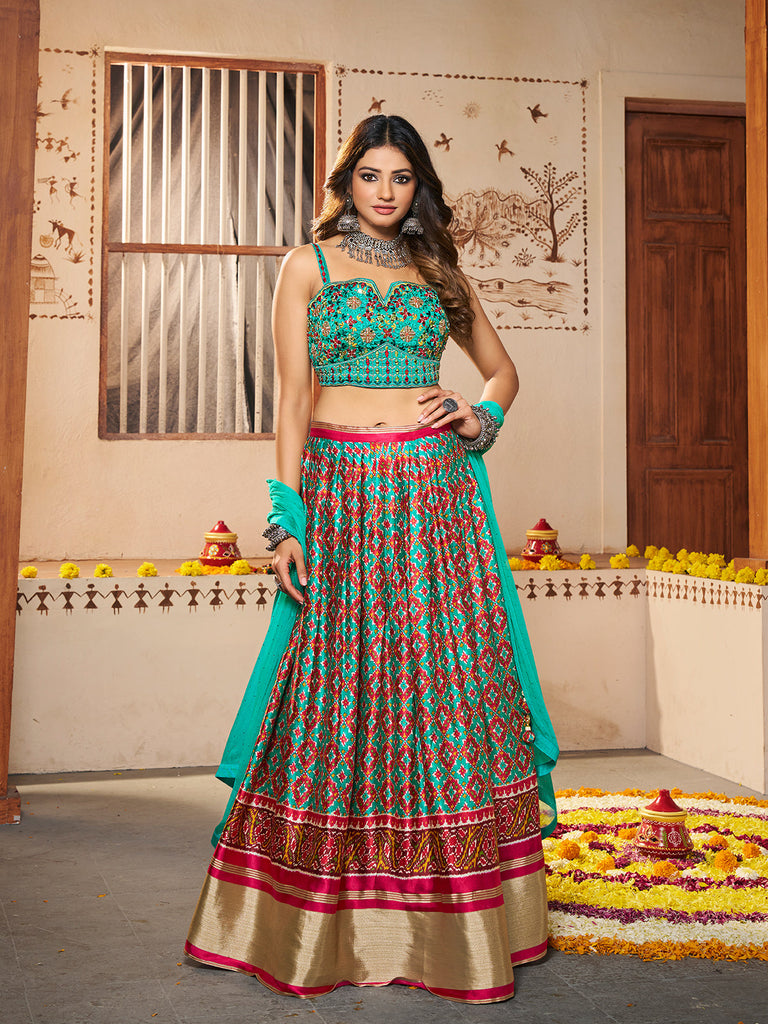 Blue Silk Printed Semi Stitched Lehenga With Unstitched Blouse Clothsvilla