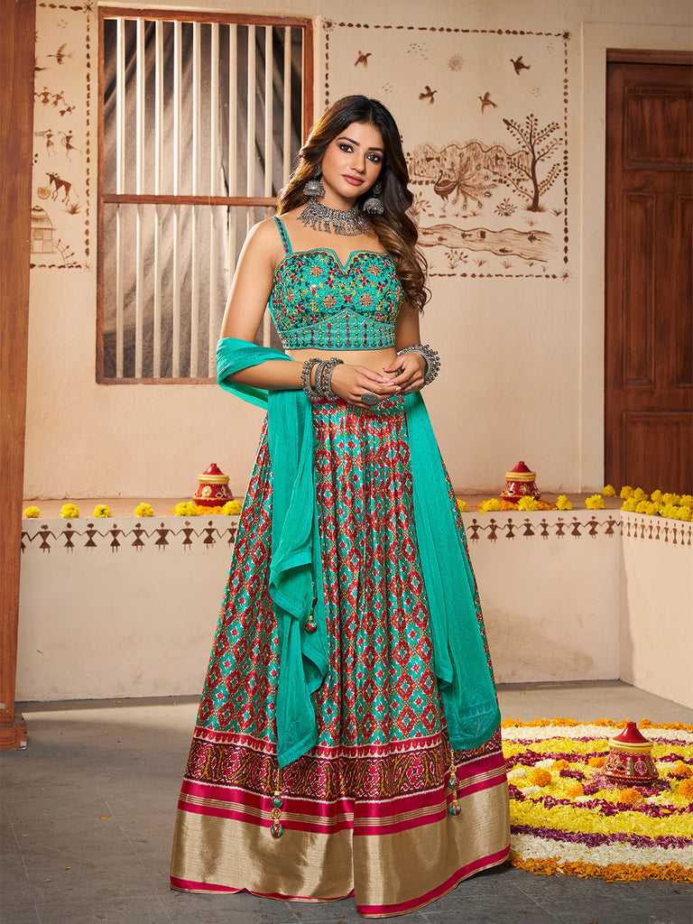 Blue Silk Printed Semi Stitched Lehenga With Unstitched Blouse Clothsvilla