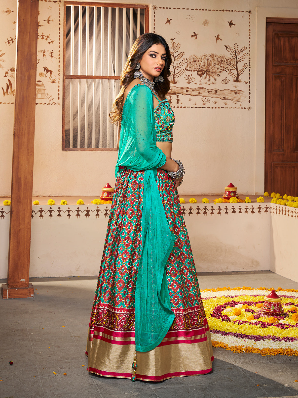 Blue Silk Printed Semi Stitched Lehenga With Unstitched Blouse Clothsvilla