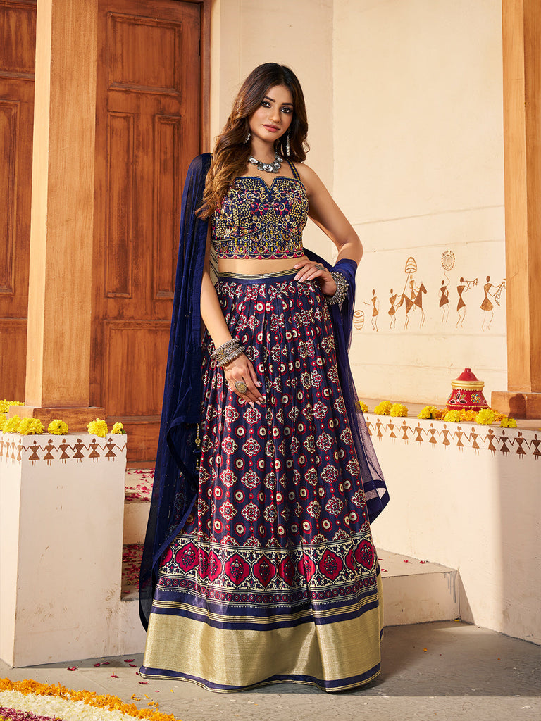 Navy Blue  Silk Printed Semi Stitched Lehenga With Unstitched Blouse Clothsvilla
