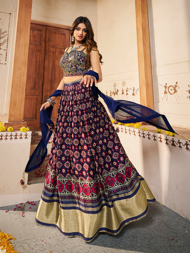 Navy Blue  Silk Printed Semi Stitched Lehenga With Unstitched Blouse Clothsvilla