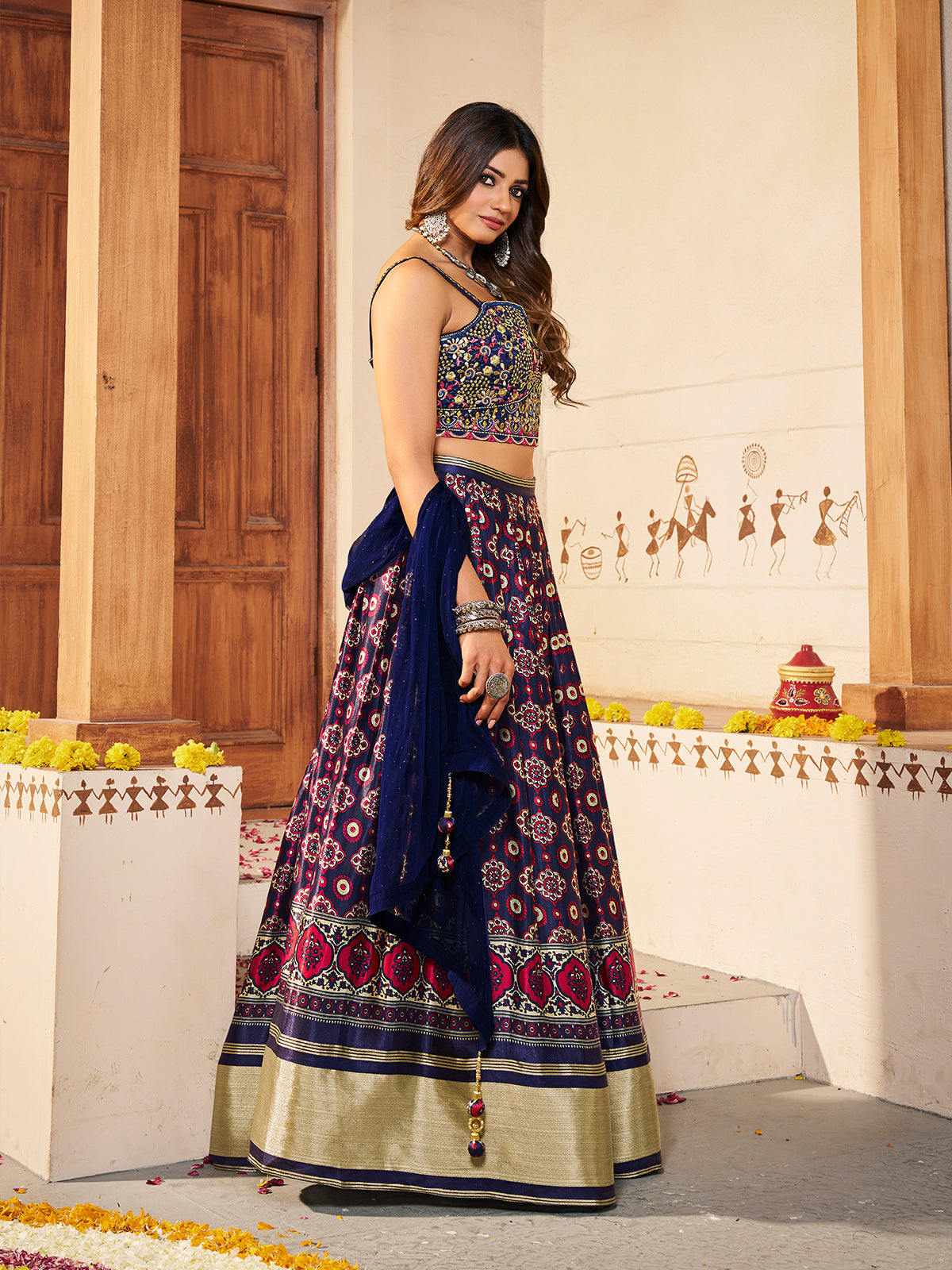 Navy Blue  Silk Printed Semi Stitched Lehenga With Unstitched Blouse Clothsvilla