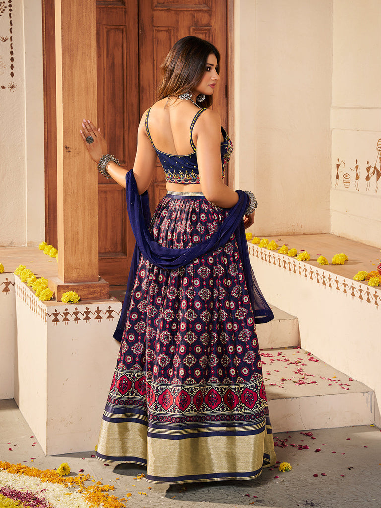 Navy Blue  Silk Printed Semi Stitched Lehenga With Unstitched Blouse Clothsvilla