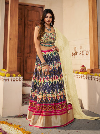 Light Yellow Silk Printed Semi Stitched Lehenga With Unstitched Blouse Clothsvilla