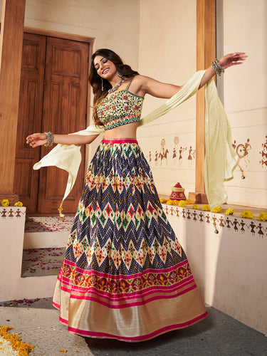 Light Yellow Silk Printed Semi Stitched Lehenga With Unstitched Blouse Clothsvilla