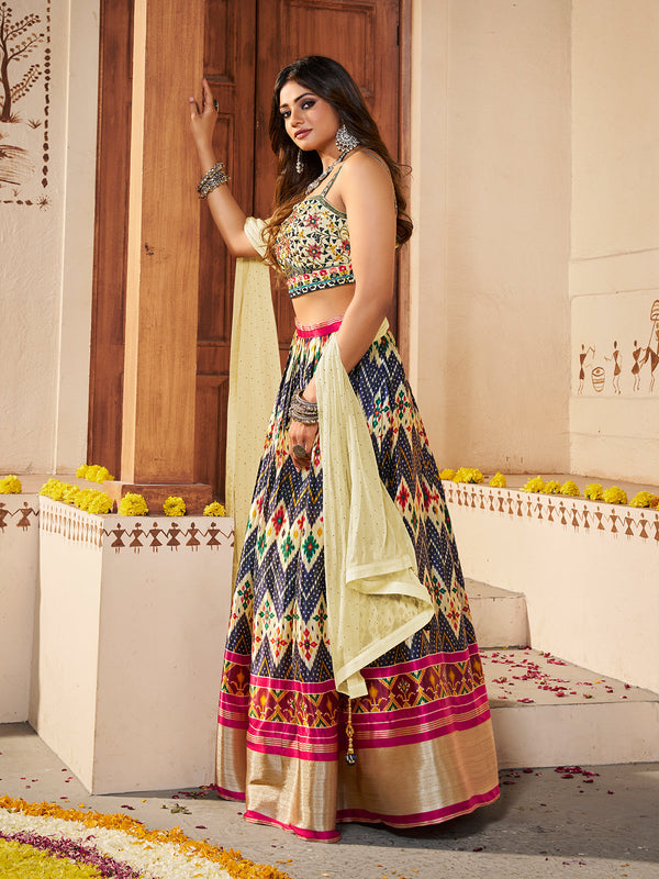 Light Yellow Silk Printed Semi Stitched Lehenga With Unstitched Blouse Clothsvilla