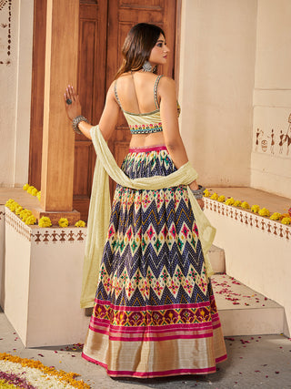 Light Yellow Silk Printed Semi Stitched Lehenga With Unstitched Blouse Clothsvilla
