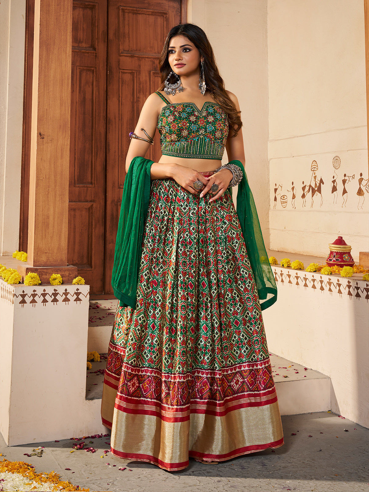 Green Silk Printed Semi Stitched Lehenga With Unstitched Blouse Clothsvilla Main image