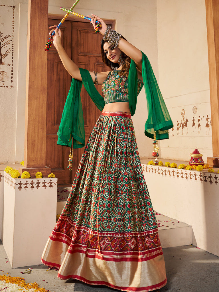 Green Silk Printed Semi Stitched Lehenga With Unstitched Blouse Clothsvilla