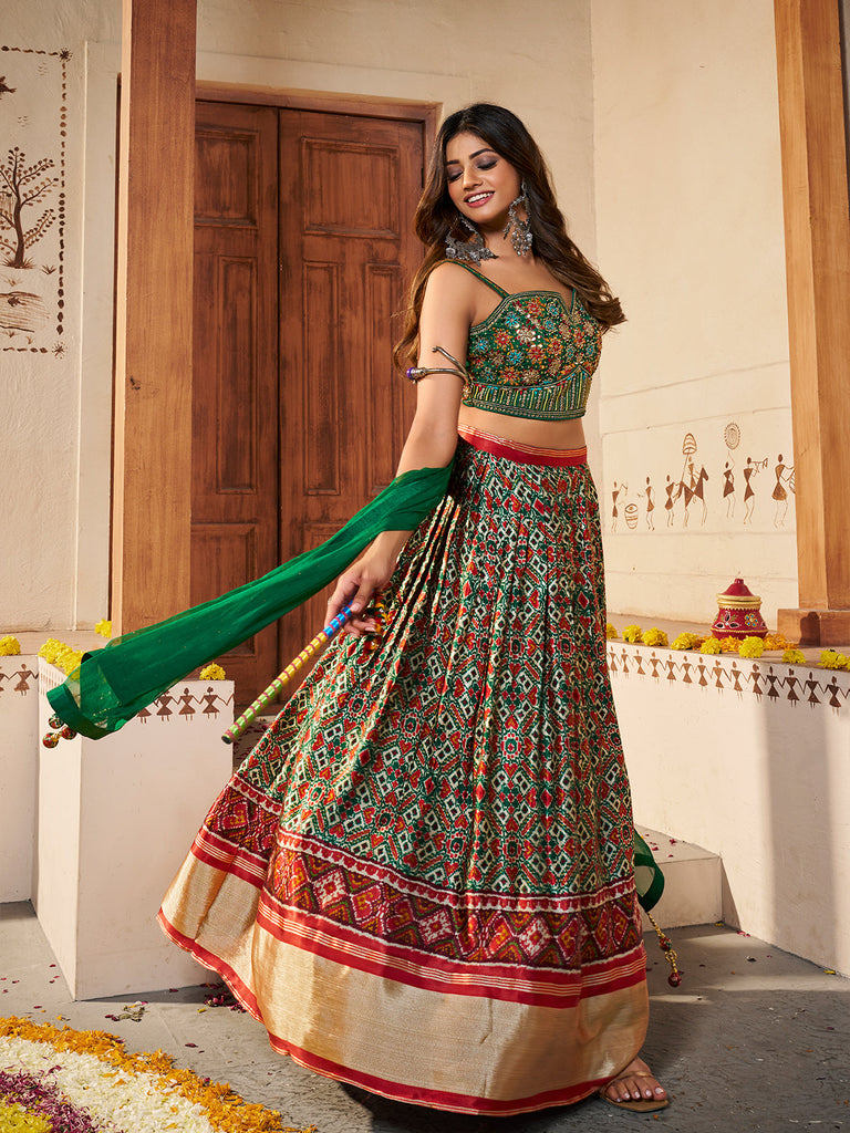 Green Silk Printed Semi Stitched Lehenga With Unstitched Blouse Clothsvilla