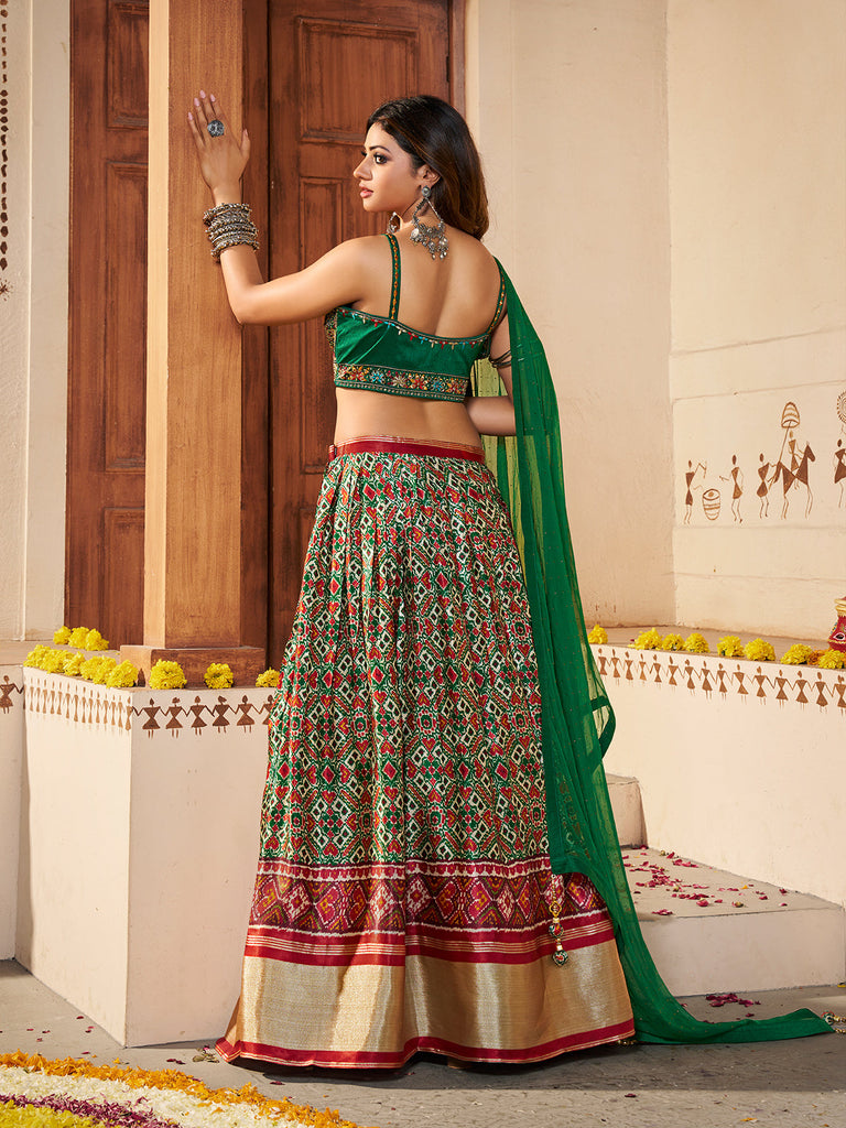 Green Silk Printed Semi Stitched Lehenga With Unstitched Blouse Clothsvilla