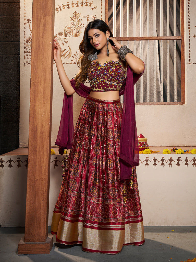 Wine Silk Printed Semi Stitched Lehenga With Unstitched Blouse Clothsvilla