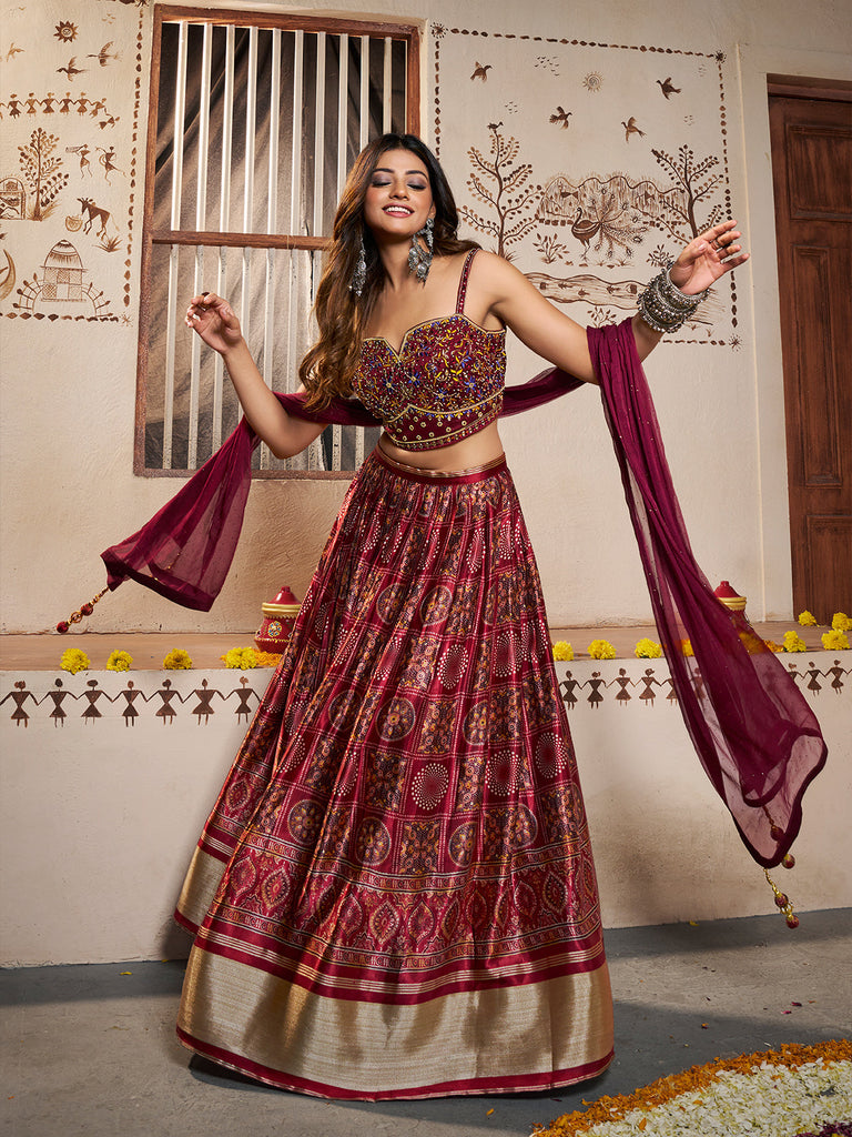 Wine Silk Printed Semi Stitched Lehenga With Unstitched Blouse Clothsvilla