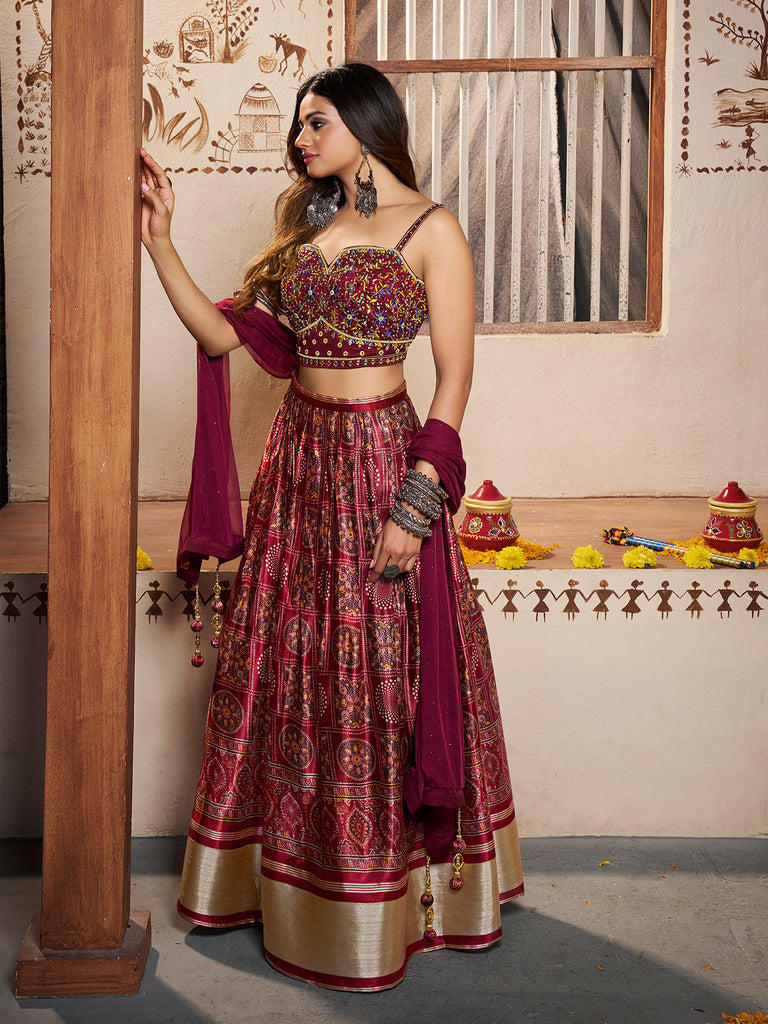 Wine Silk Printed Semi Stitched Lehenga With Unstitched Blouse Clothsvilla