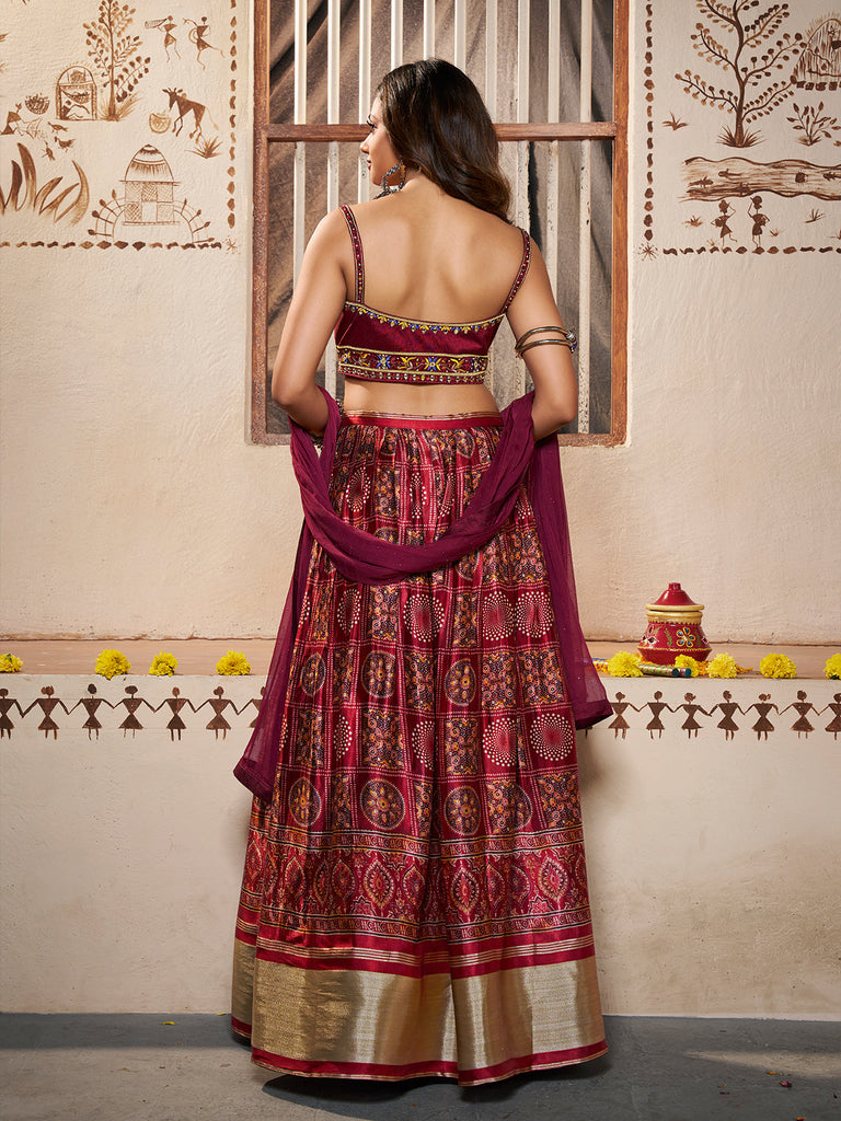 Wine Silk Printed Semi Stitched Lehenga With Unstitched Blouse Clothsvilla