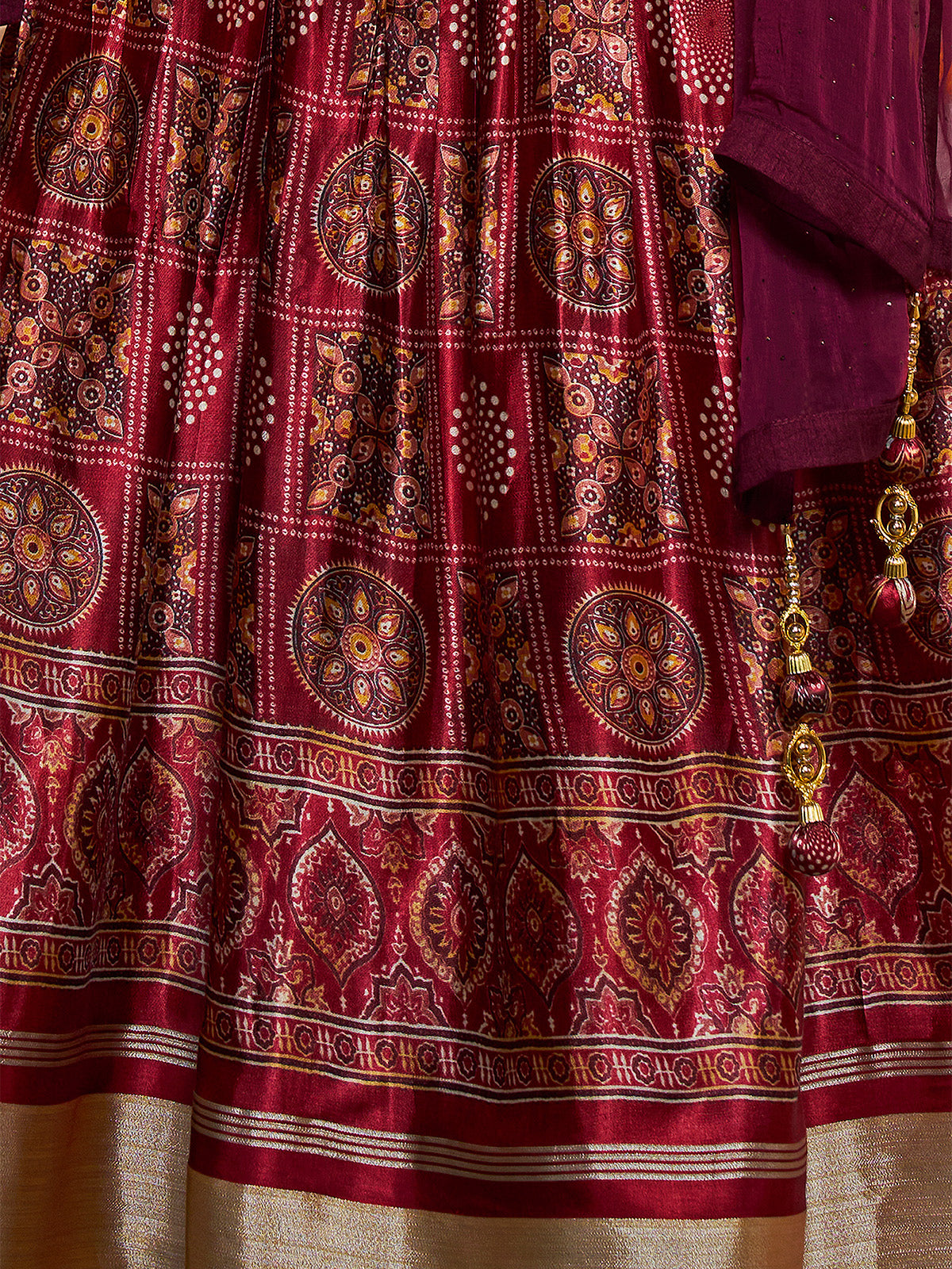Wine Silk Printed Semi Stitched Lehenga With Unstitched Blouse Clothsvilla