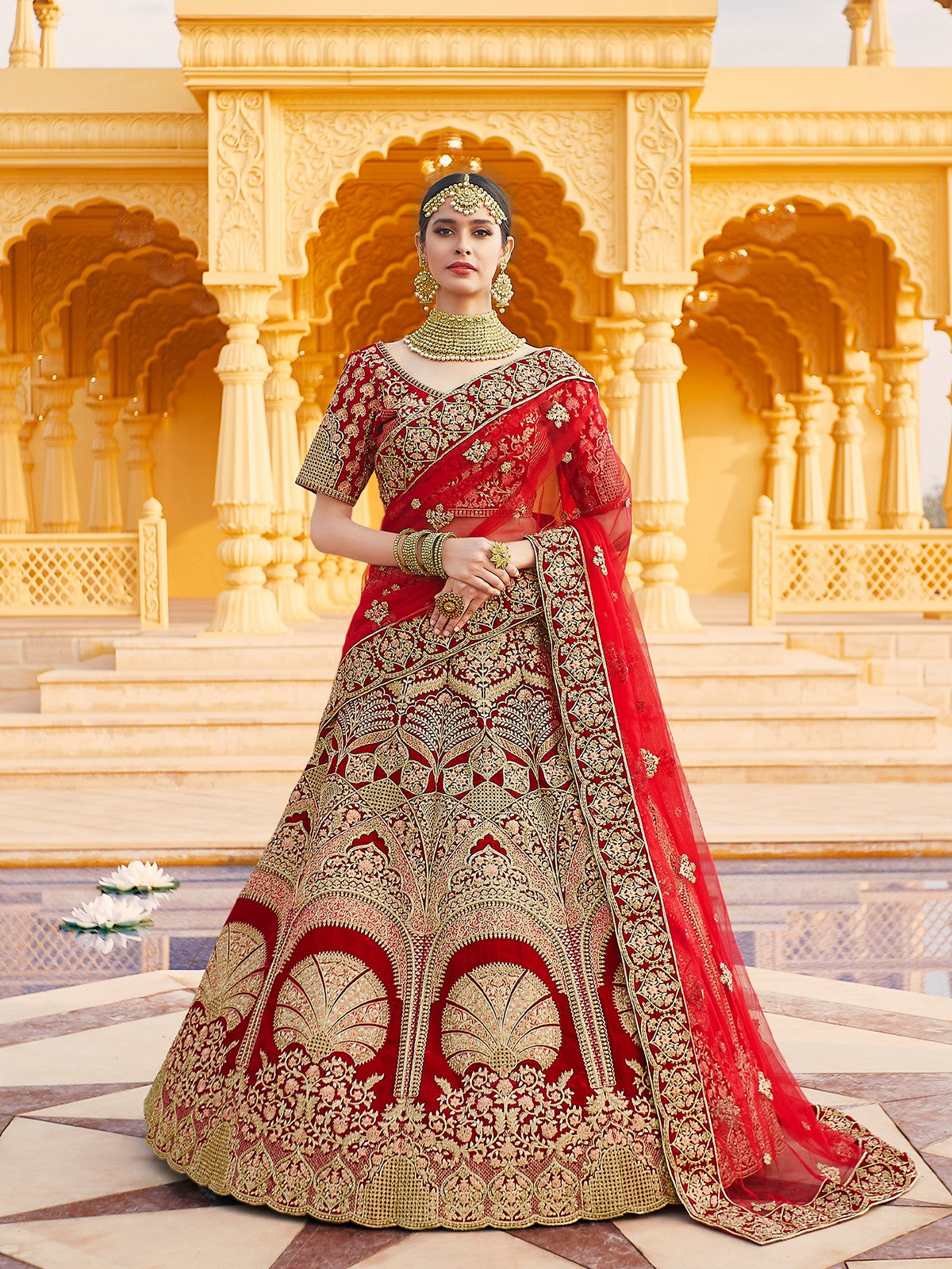 Red Elegant  Semi Stitched Lehenga With  Unstitched Blouse Clothsvilla Main image