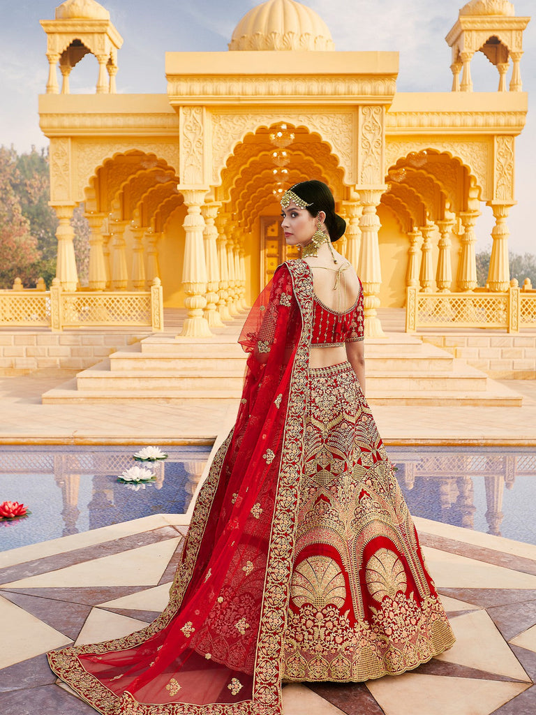 Red Elegant  Semi Stitched Lehenga With  Unstitched Blouse Clothsvilla