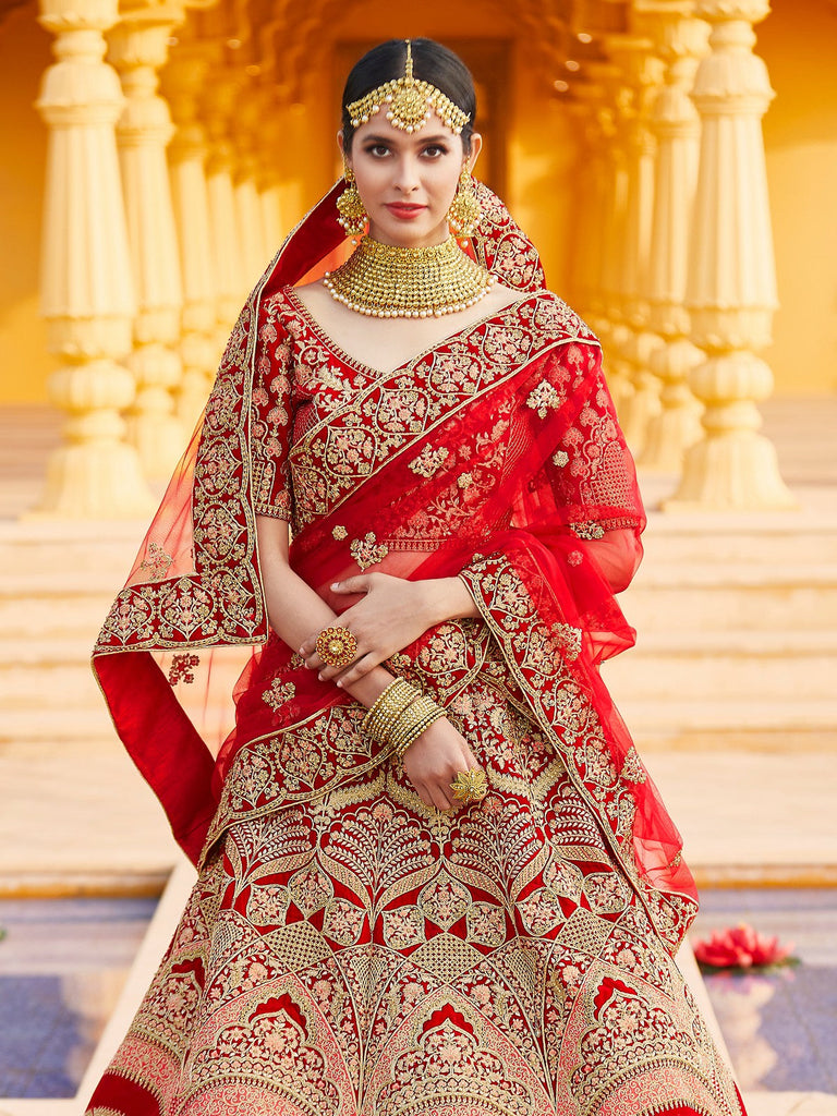 Red Elegant  Semi Stitched Lehenga With  Unstitched Blouse Clothsvilla