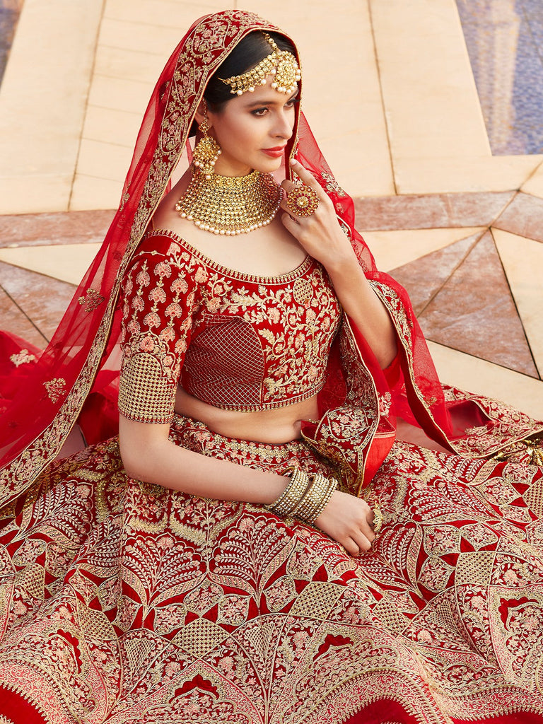 Red Elegant  Semi Stitched Lehenga With  Unstitched Blouse Clothsvilla