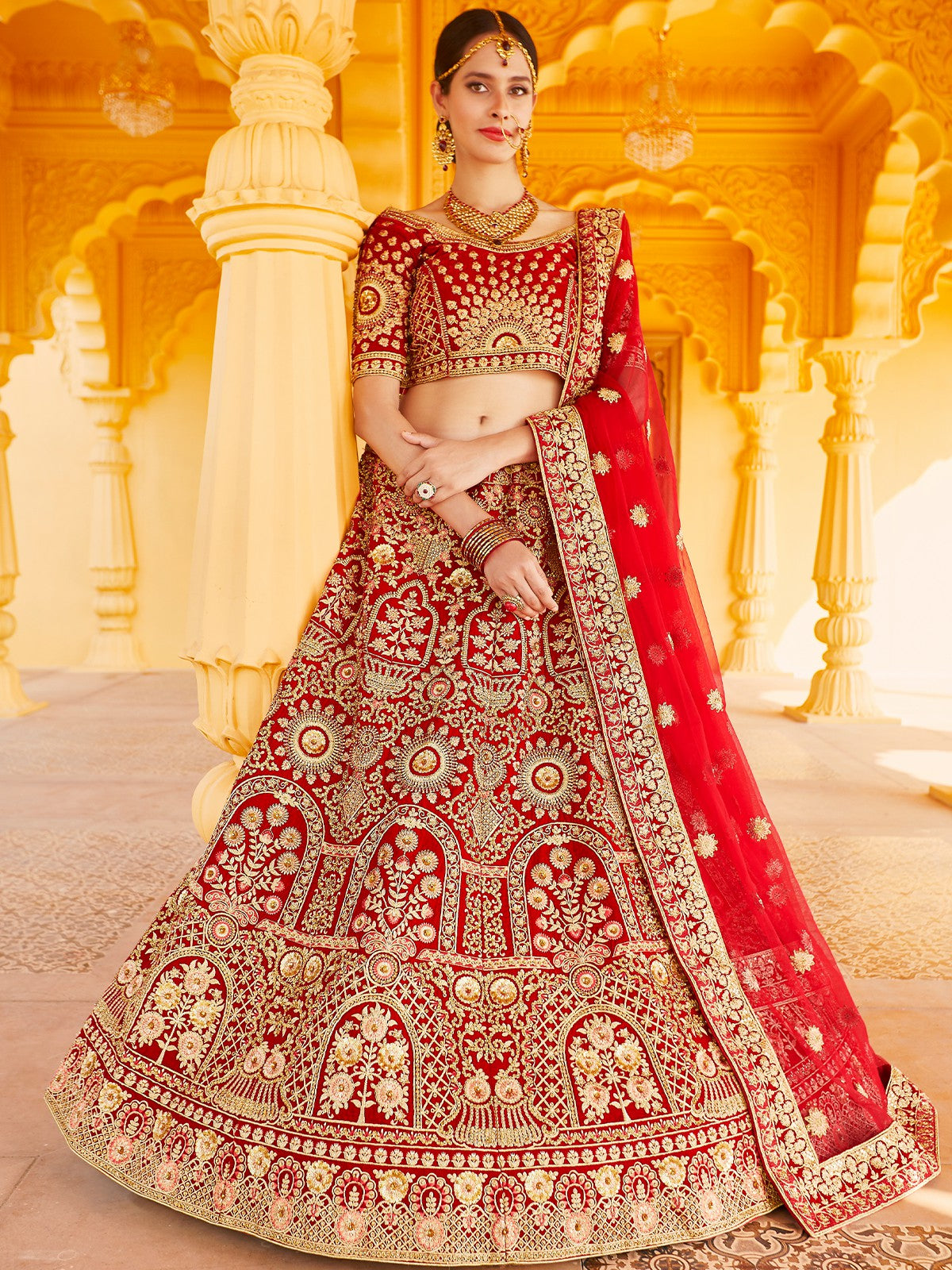 Red Elegant  Semi Stitched Lehenga With  Unstitched Blouse Clothsvilla