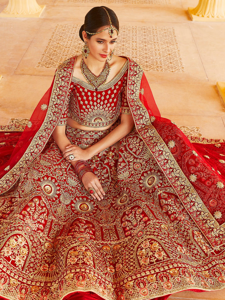 Red Elegant  Semi Stitched Lehenga With  Unstitched Blouse Clothsvilla