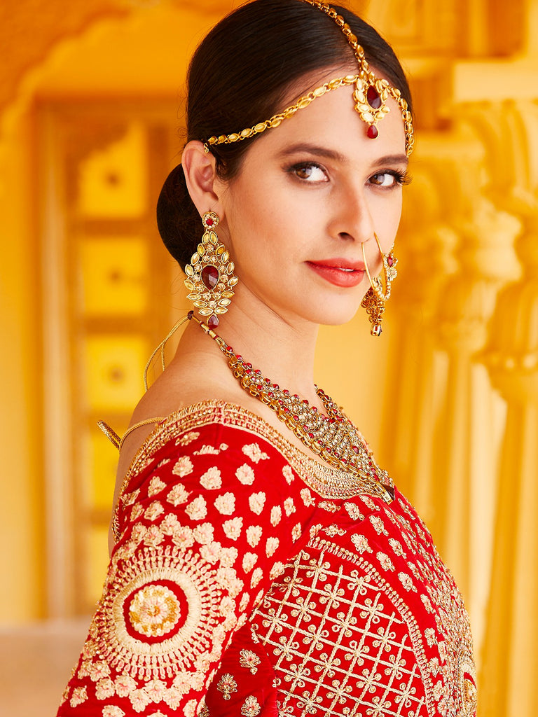 Red Elegant  Semi Stitched Lehenga With  Unstitched Blouse Clothsvilla