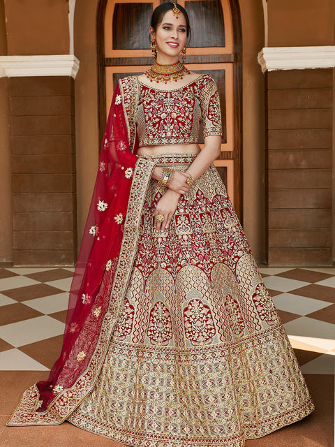 Red Elegant  Semi Stitched Lehenga With  Unstitched Blouse Clothsvilla Main image