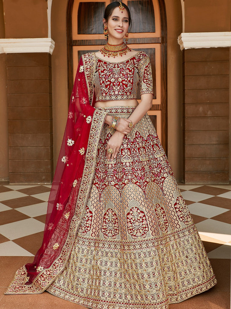 Red Elegant  Semi Stitched Lehenga With  Unstitched Blouse Clothsvilla