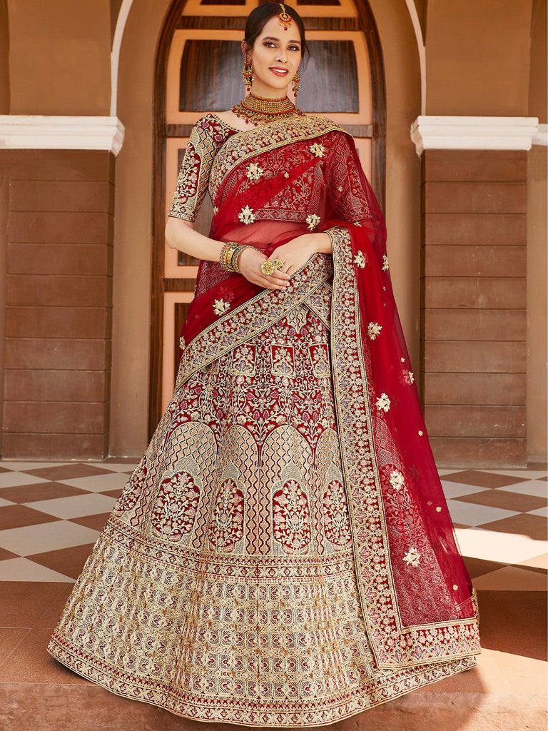 Red Elegant  Semi Stitched Lehenga With  Unstitched Blouse Clothsvilla