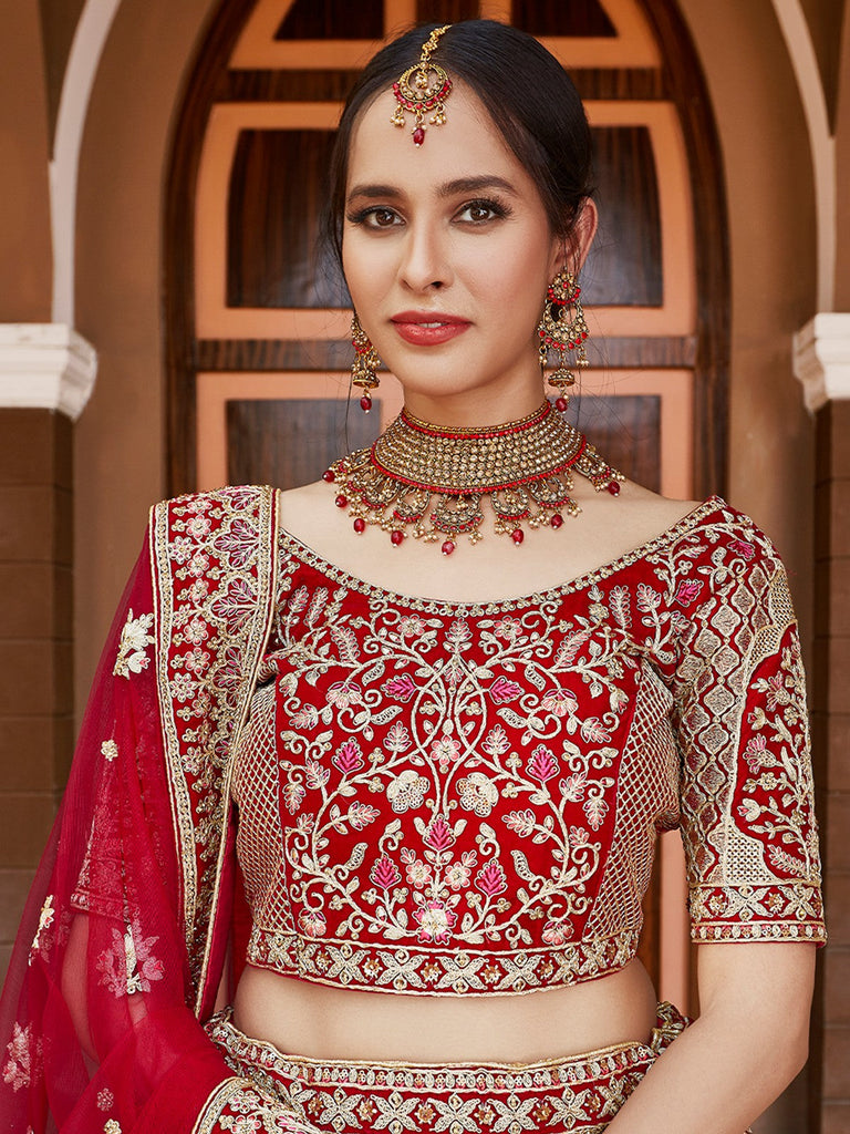 Red Elegant  Semi Stitched Lehenga With  Unstitched Blouse Clothsvilla