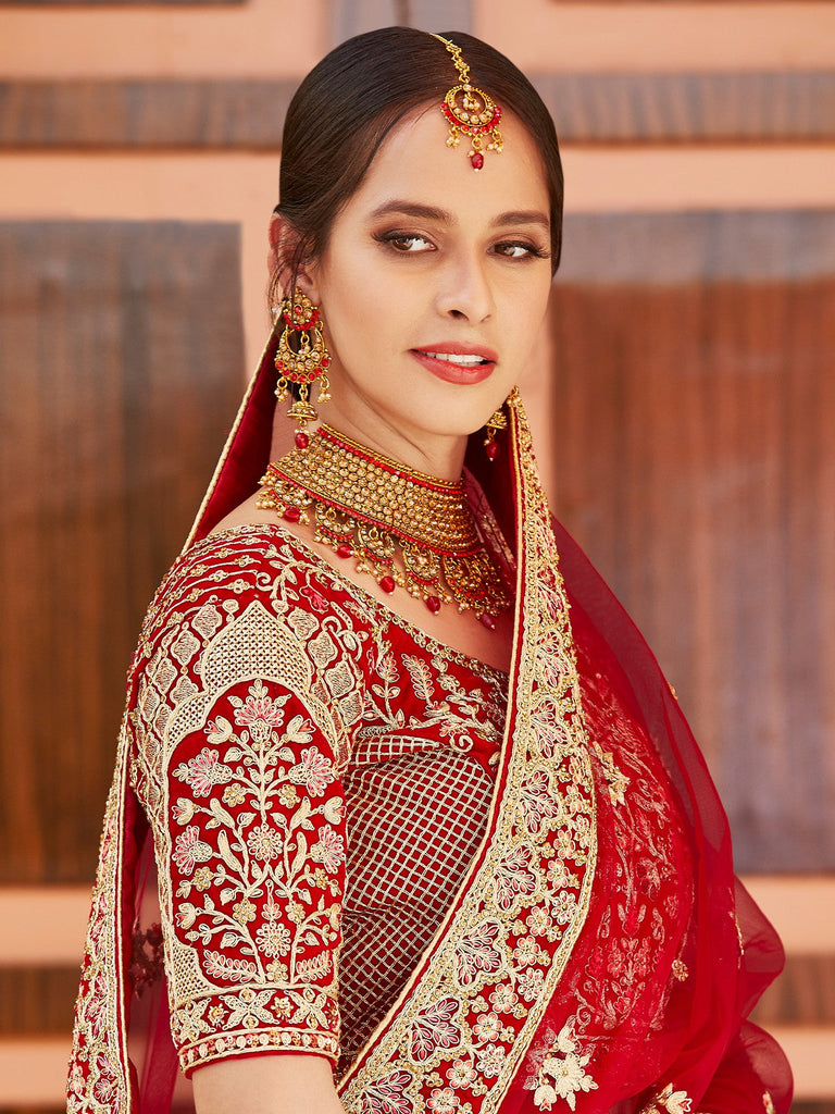 Red Elegant  Semi Stitched Lehenga With  Unstitched Blouse Clothsvilla