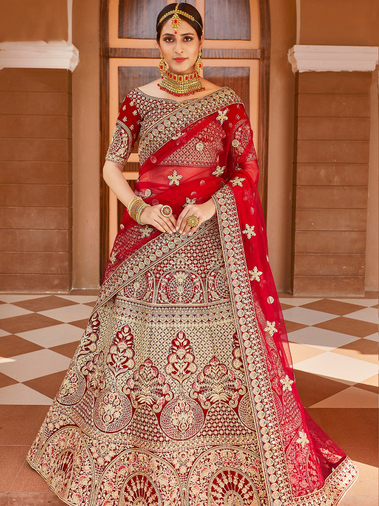 Red Elegant  Semi Stitched Lehenga With  Unstitched Blouse Clothsvilla