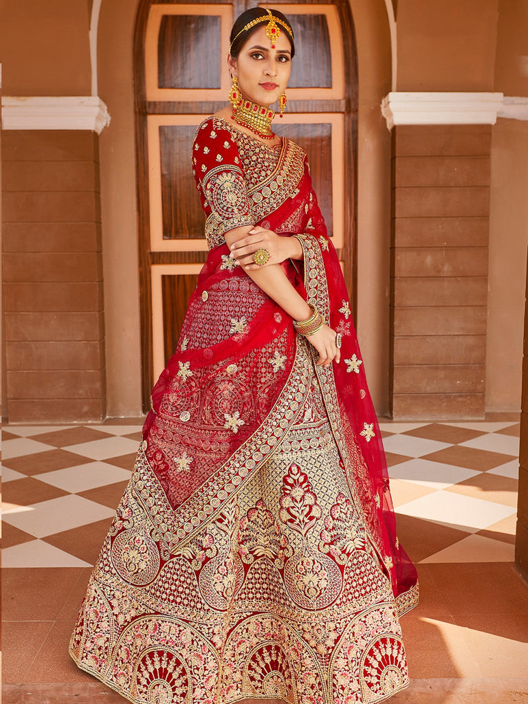 Red Elegant  Semi Stitched Lehenga With  Unstitched Blouse Clothsvilla