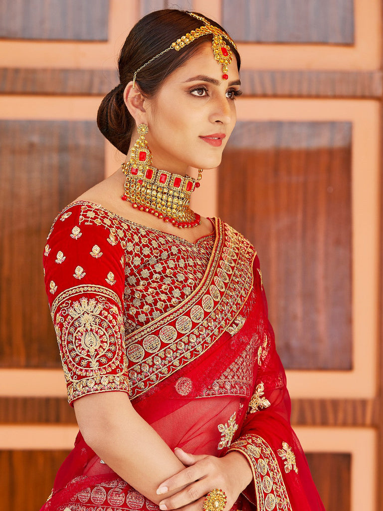 Red Elegant  Semi Stitched Lehenga With  Unstitched Blouse Clothsvilla