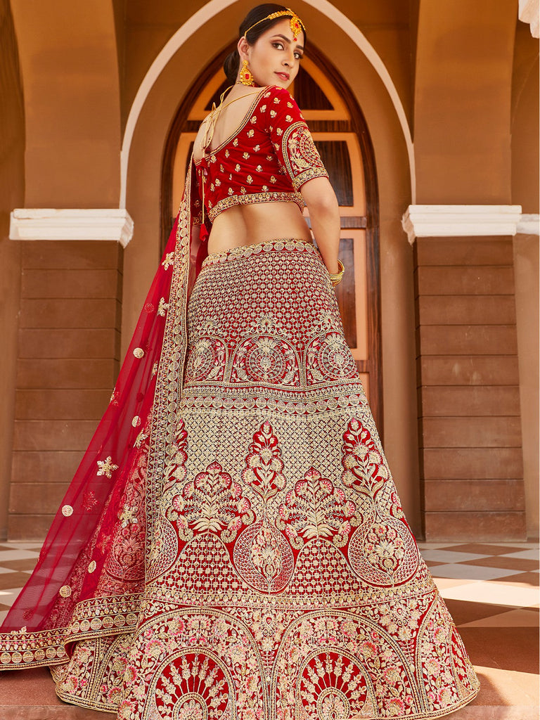 Red Elegant  Semi Stitched Lehenga With  Unstitched Blouse Clothsvilla