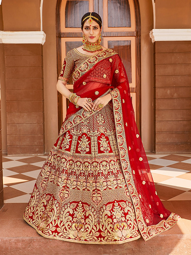 Red Elegant  Semi Stitched Lehenga With  Unstitched Blouse Clothsvilla