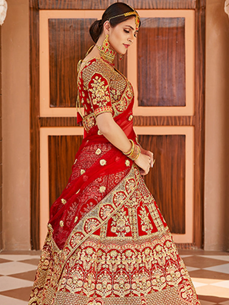 Red Elegant  Semi Stitched Lehenga With  Unstitched Blouse Clothsvilla