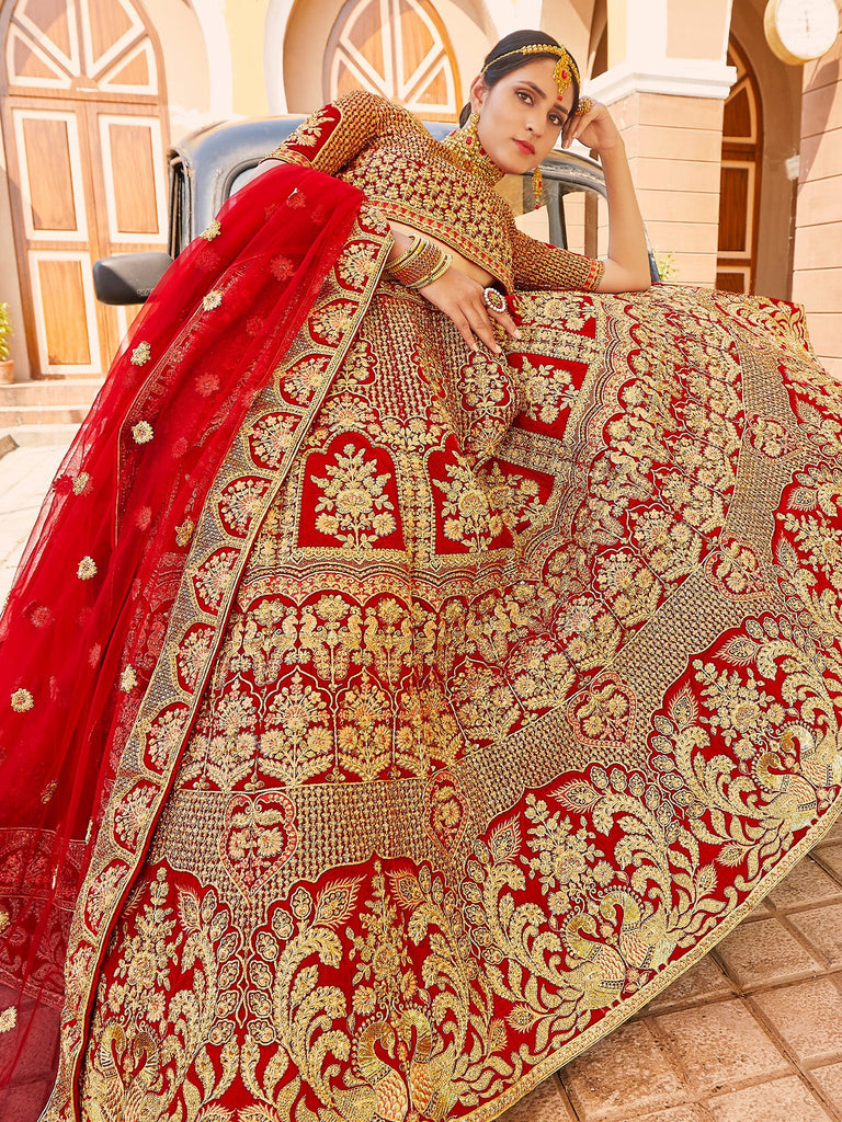 Red Elegant  Semi Stitched Lehenga With  Unstitched Blouse Clothsvilla