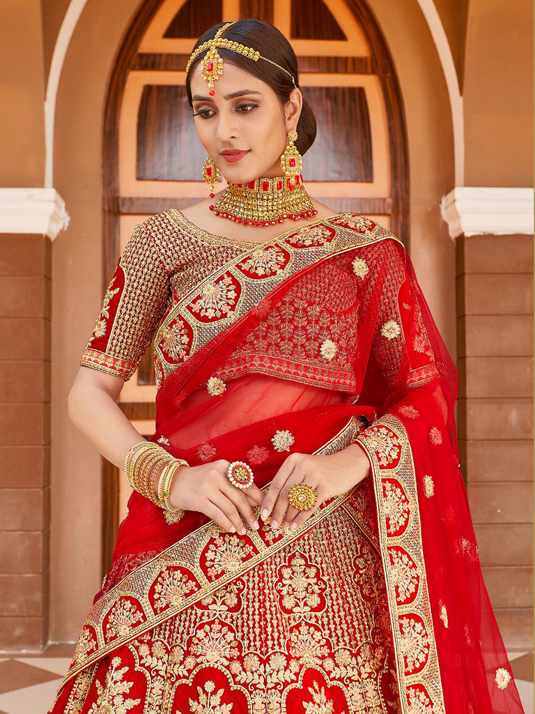 Red Elegant  Semi Stitched Lehenga With  Unstitched Blouse Clothsvilla