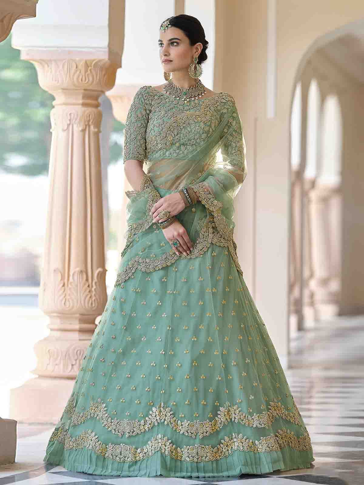 Green Elegant Semi Stitched Lehenga With Unstitched Blouse Clothsvilla