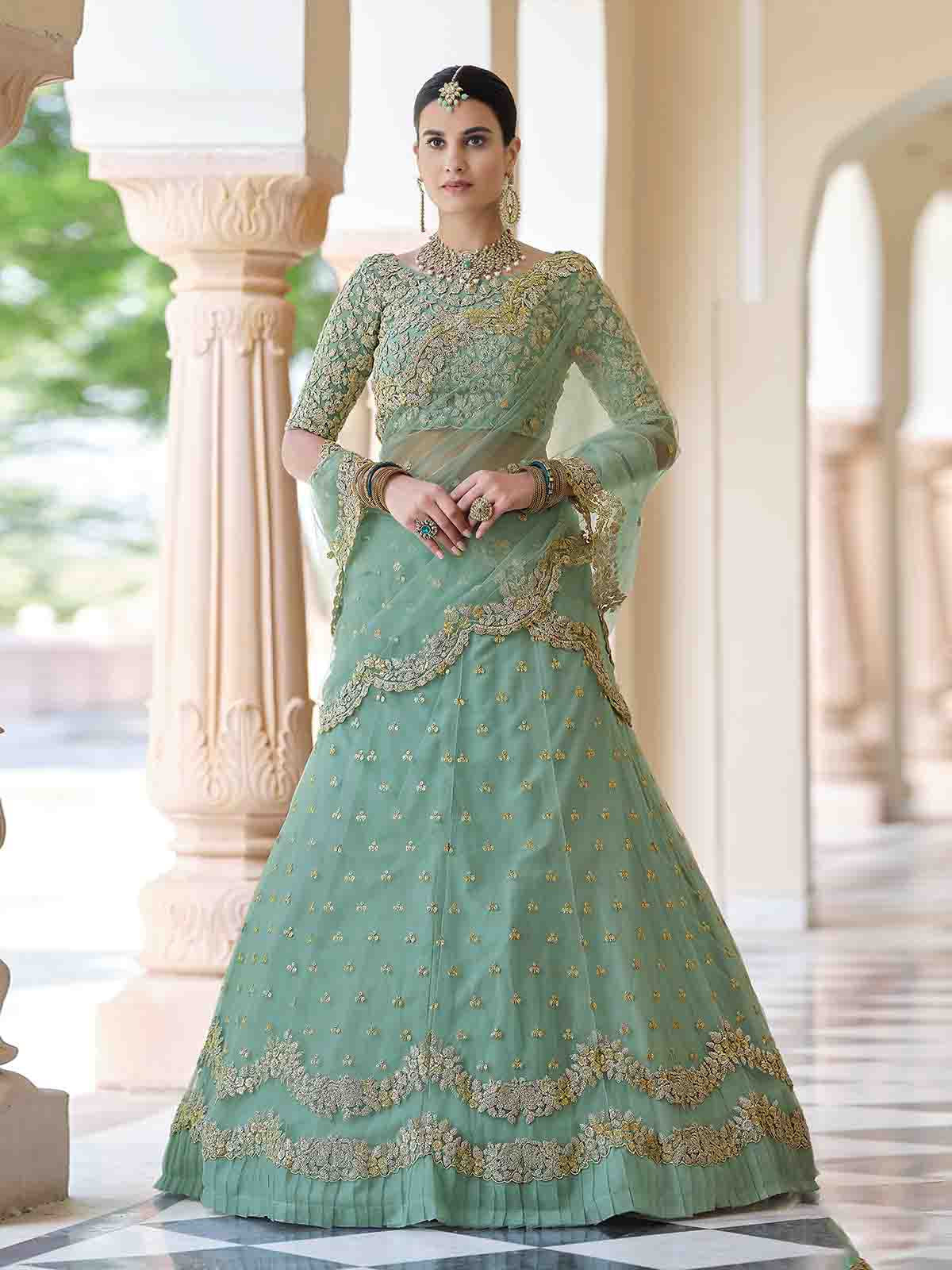 Green Elegant Semi Stitched Lehenga With Unstitched Blouse Clothsvilla Main image