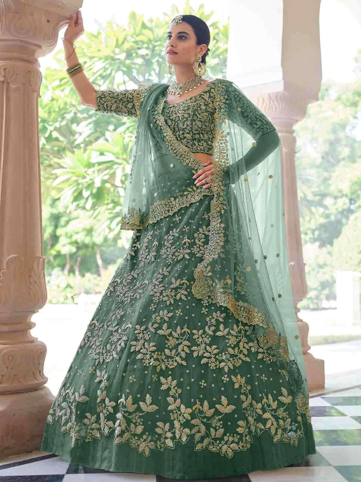 Stylish Dark Green Soft Net Semi Stitched Lehenga With  Unstitched Blouse Clothsvilla